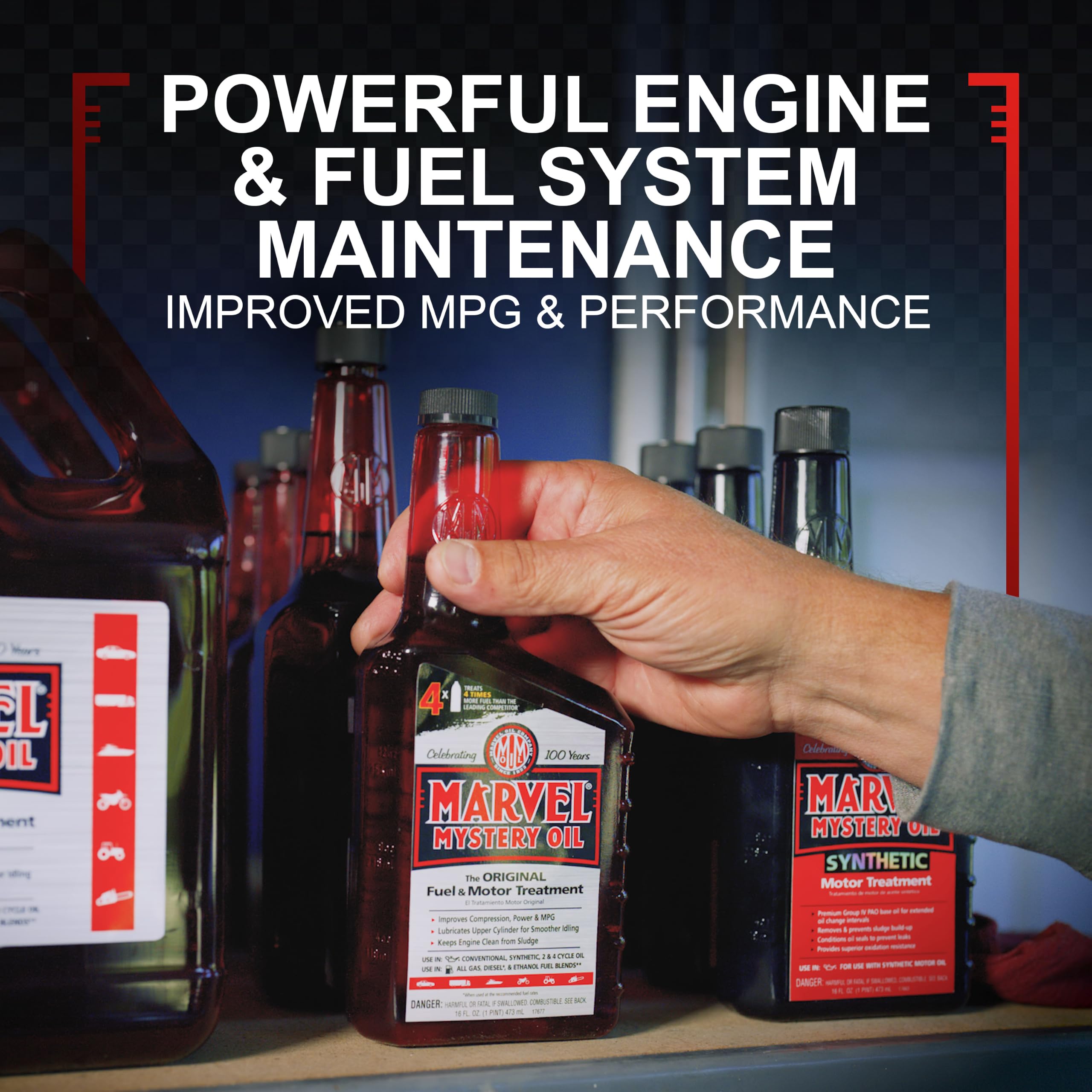 Pouring Marvel Mystery Oil into a fuel tank to clean injectors and carburetors