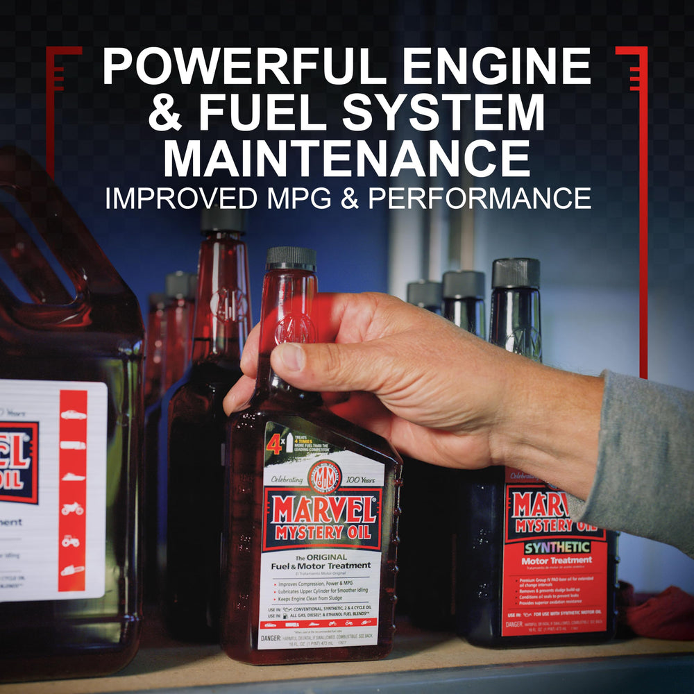 Pouring Marvel Mystery Oil into a fuel tank to clean injectors and carburetors