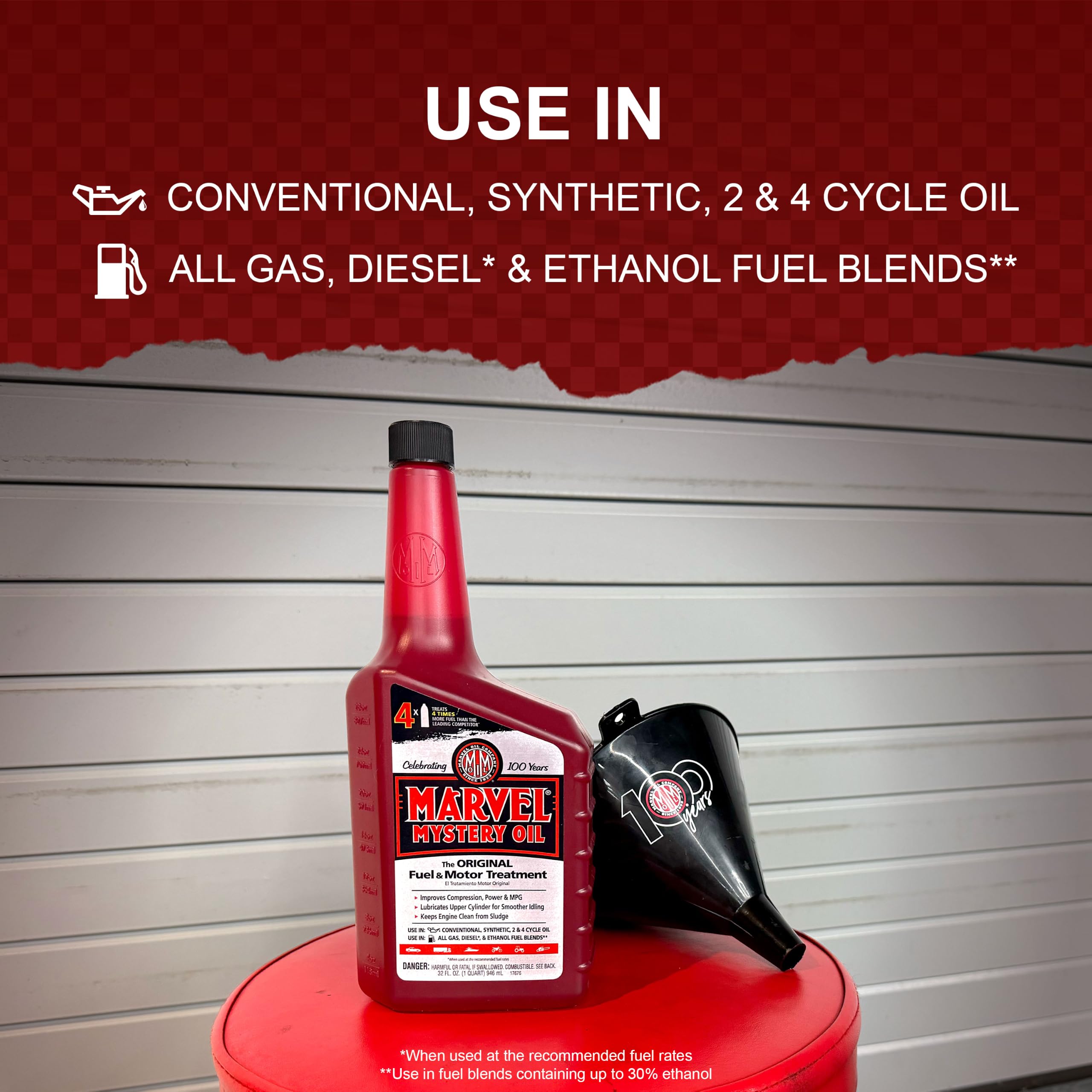 Four Marvel Mystery Oil bottles stacked for workshop storage and cost savings