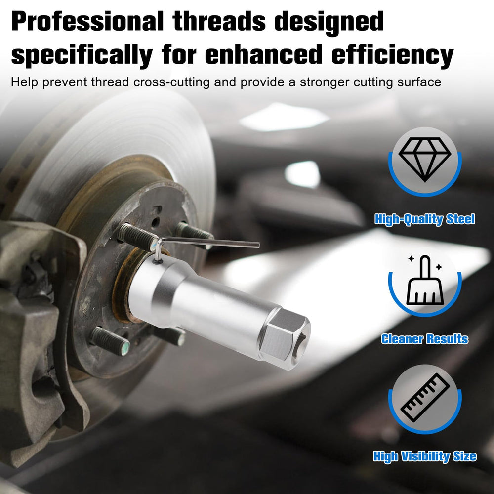Marvelity chaser in use on axle spindle restoring thread fit for safer assembly