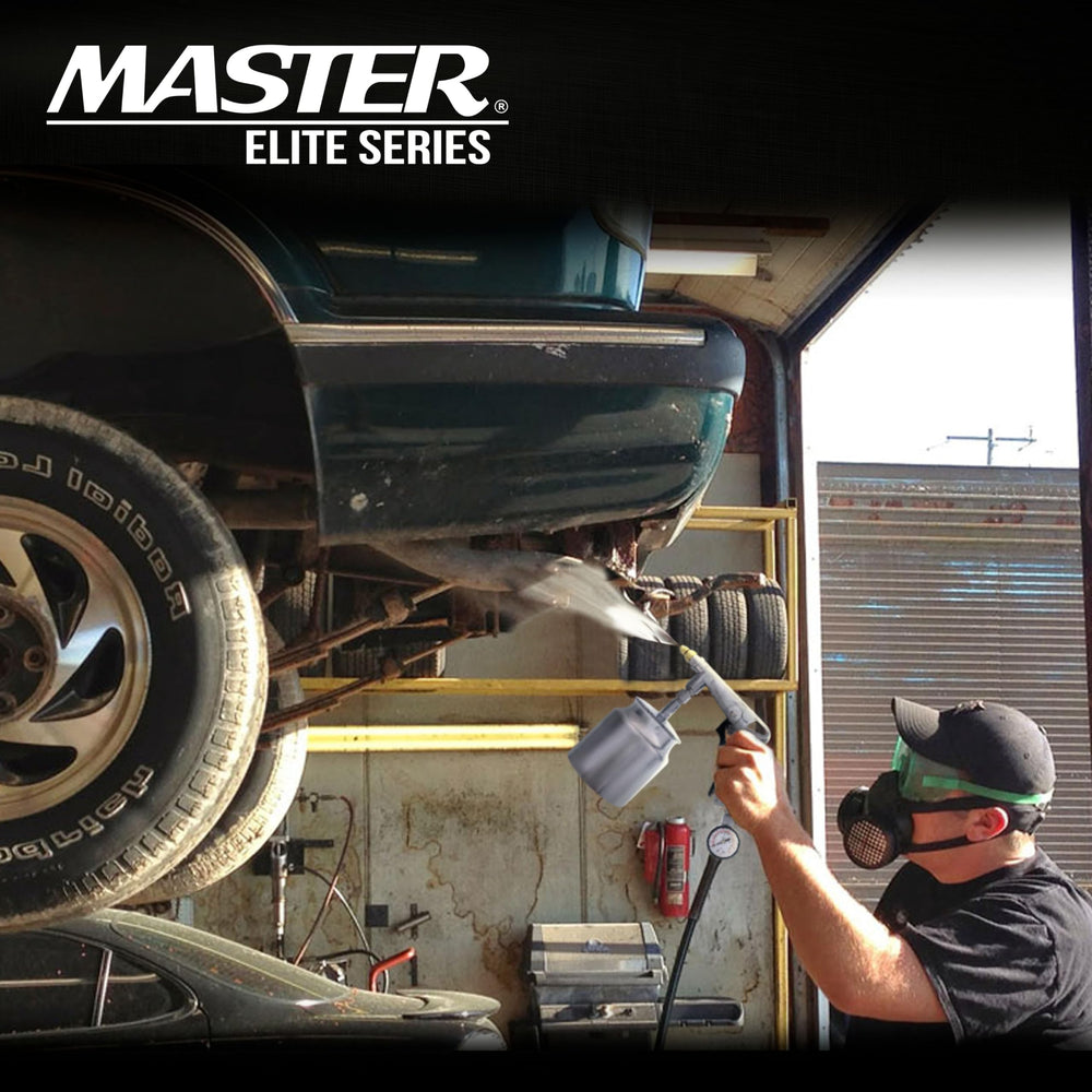 Master Airbrush gun spraying truck bed demonstrating even coverage and time-saving application