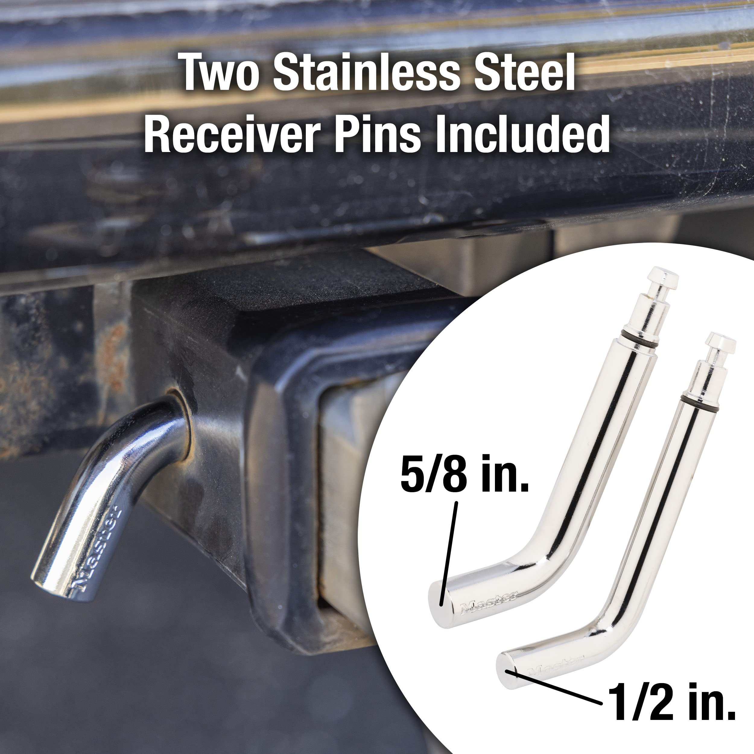Master Lock coupler lock detail showing adjustable stainless shackle for flexible fit on latches