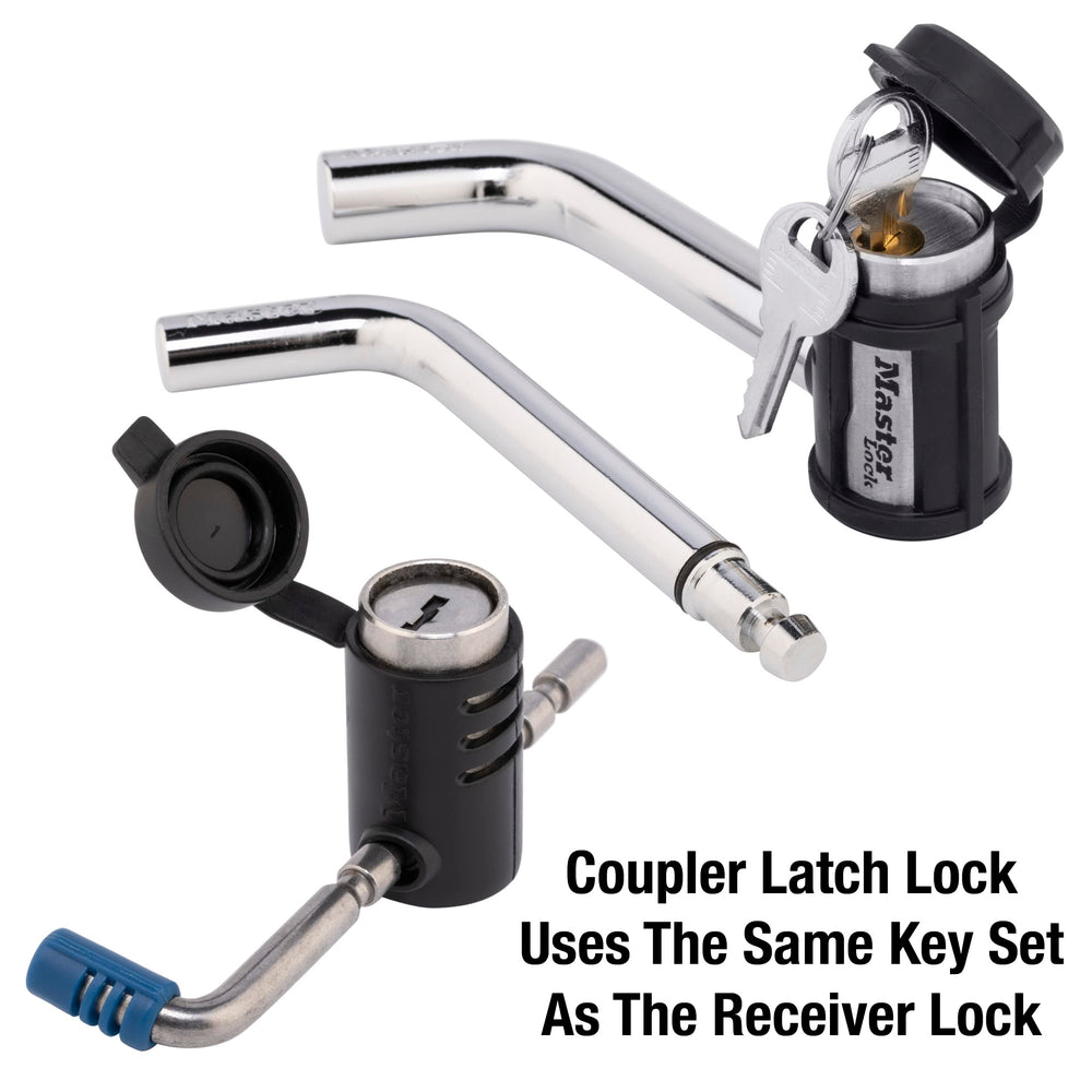 Master Lock receiver lock close-up highlighting bent pin and chrome finish for secure hitch retention