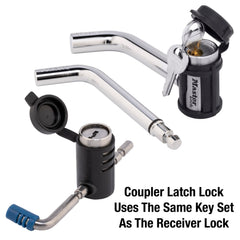 Master Lock receiver lock close-up highlighting bent pin and chrome finish for secure hitch retention