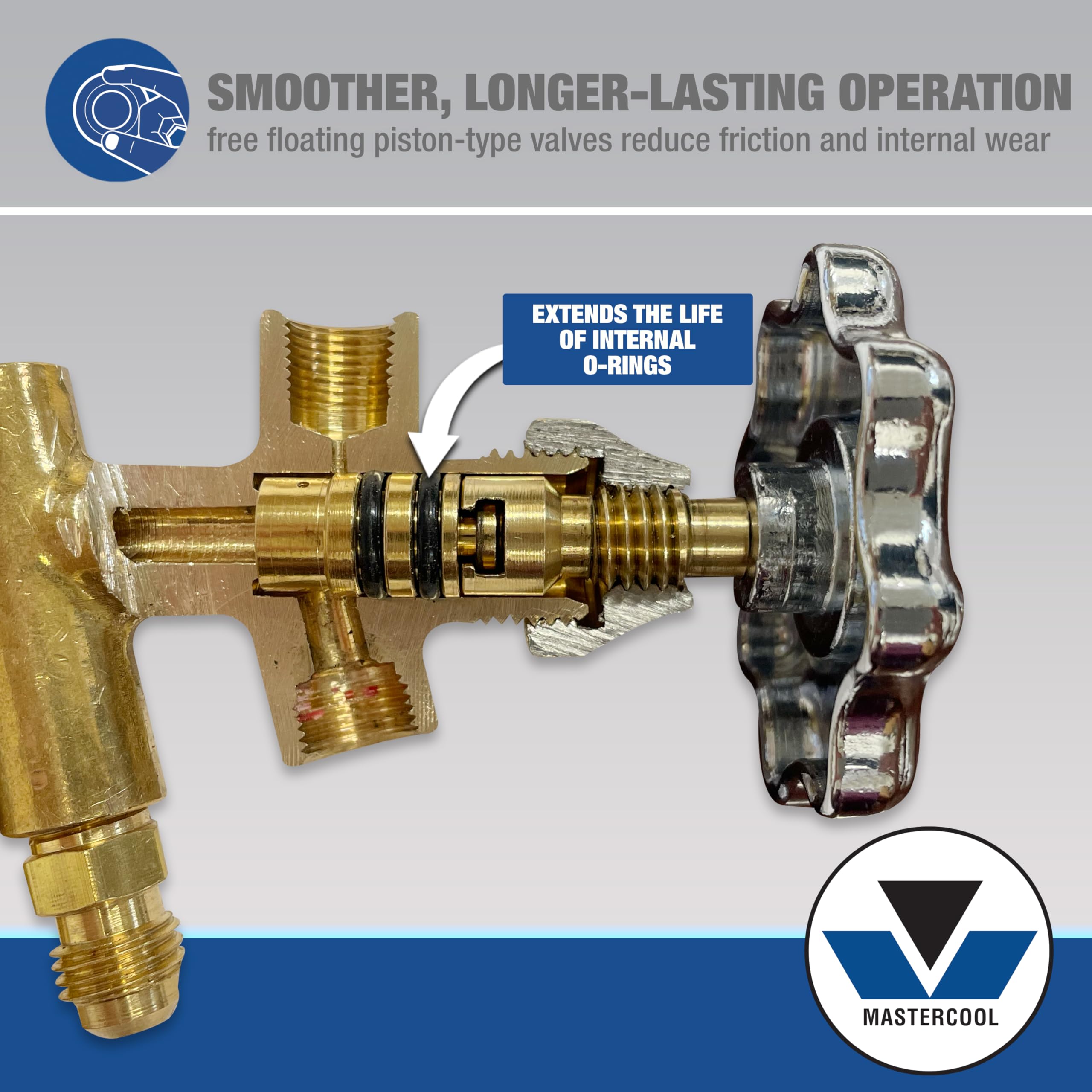 Mastercool 59161 angled metal valve handles view for ergonomic control and longevity
