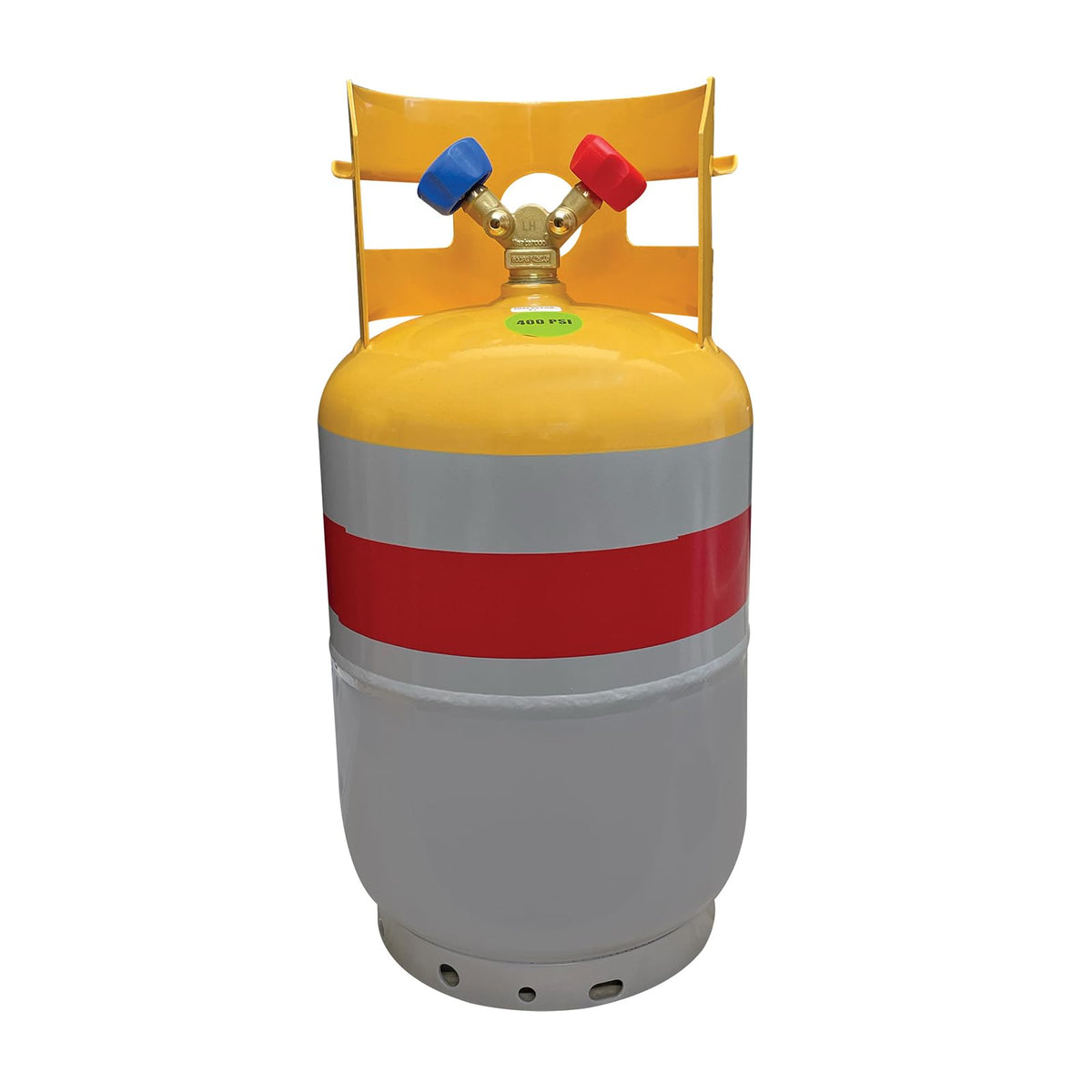 Mastercool cylinder front view showing label and left‑hand connection benefit