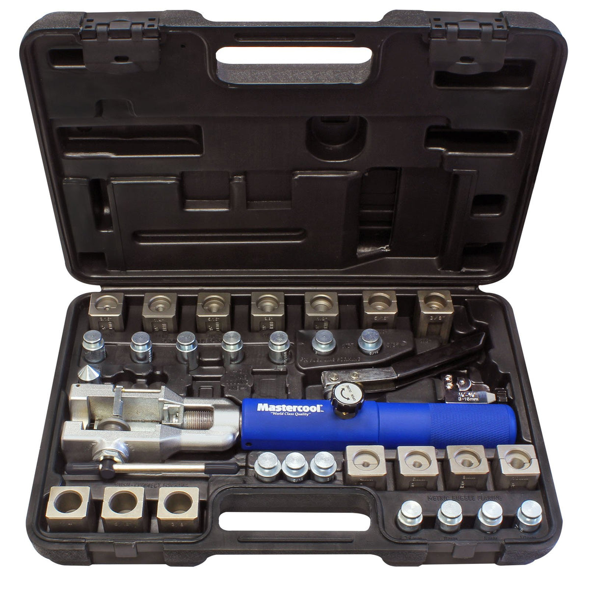 Mastercool front view of full flaring kit showing organized components and portability
