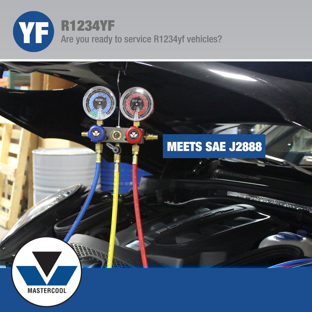 Mastercool 83272 in use on vehicle A/C ports demonstrating professional diagnostic setup