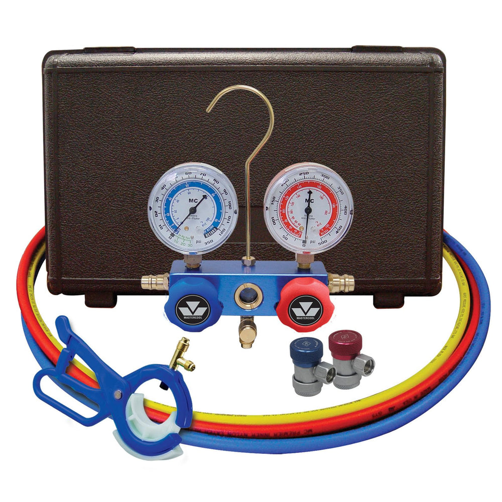 Mastercool front view showing complete manifold kit and organization benefits