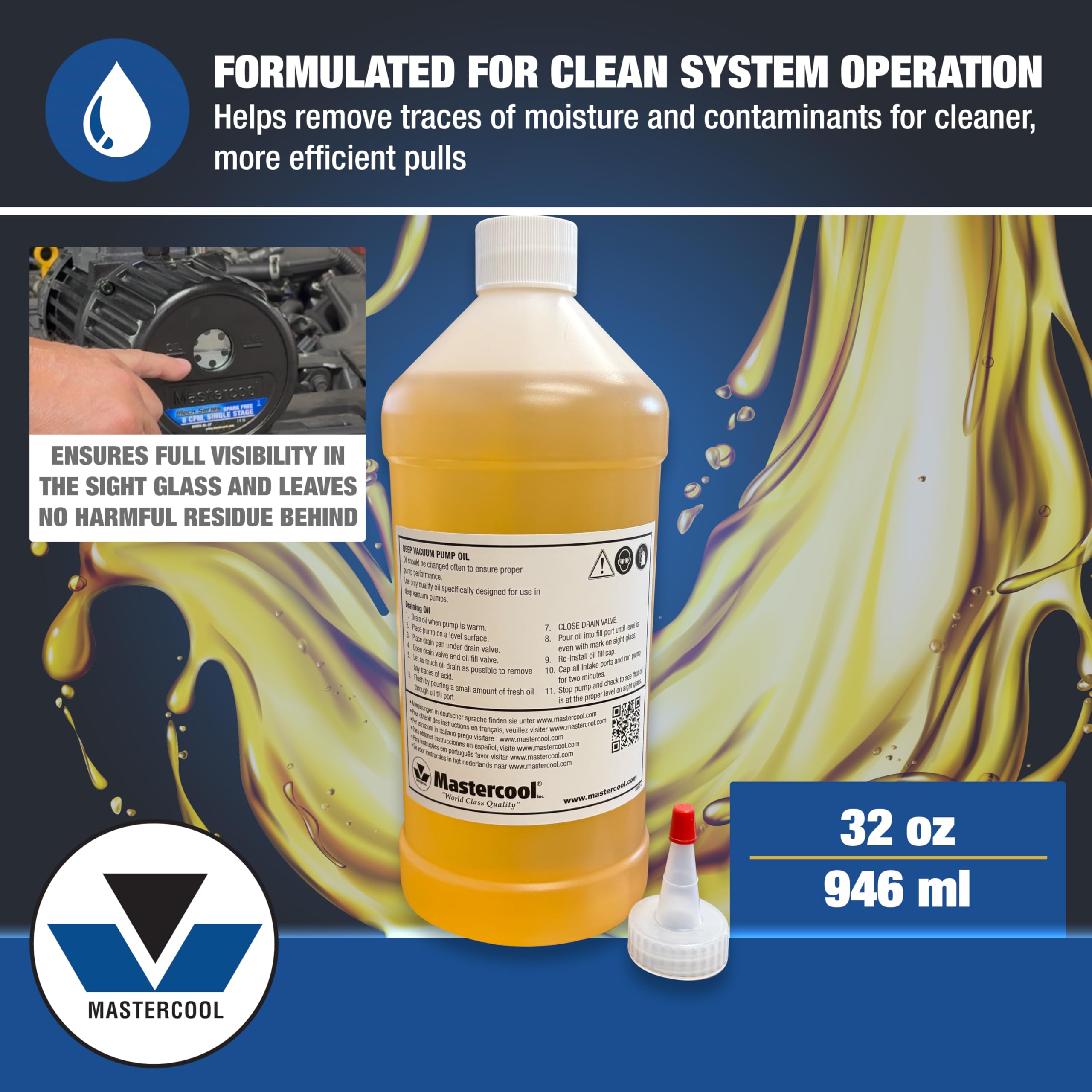 Mastercool 90032 oil clarity in pump sight glass, enables fast condition checks