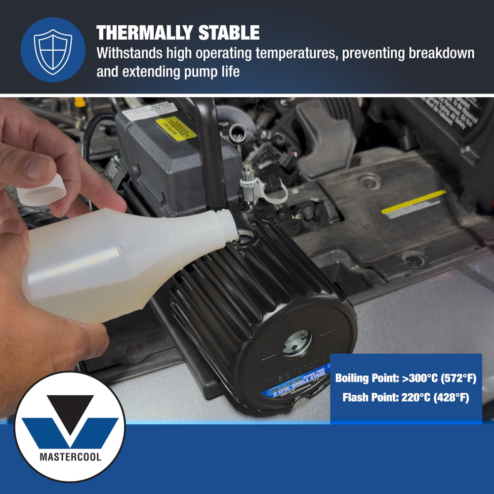 Mastercool 90032 being poured into a vacuum pump, illustrating easy maintenance