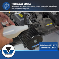 Mastercool 90032 being poured into a vacuum pump, illustrating easy maintenance