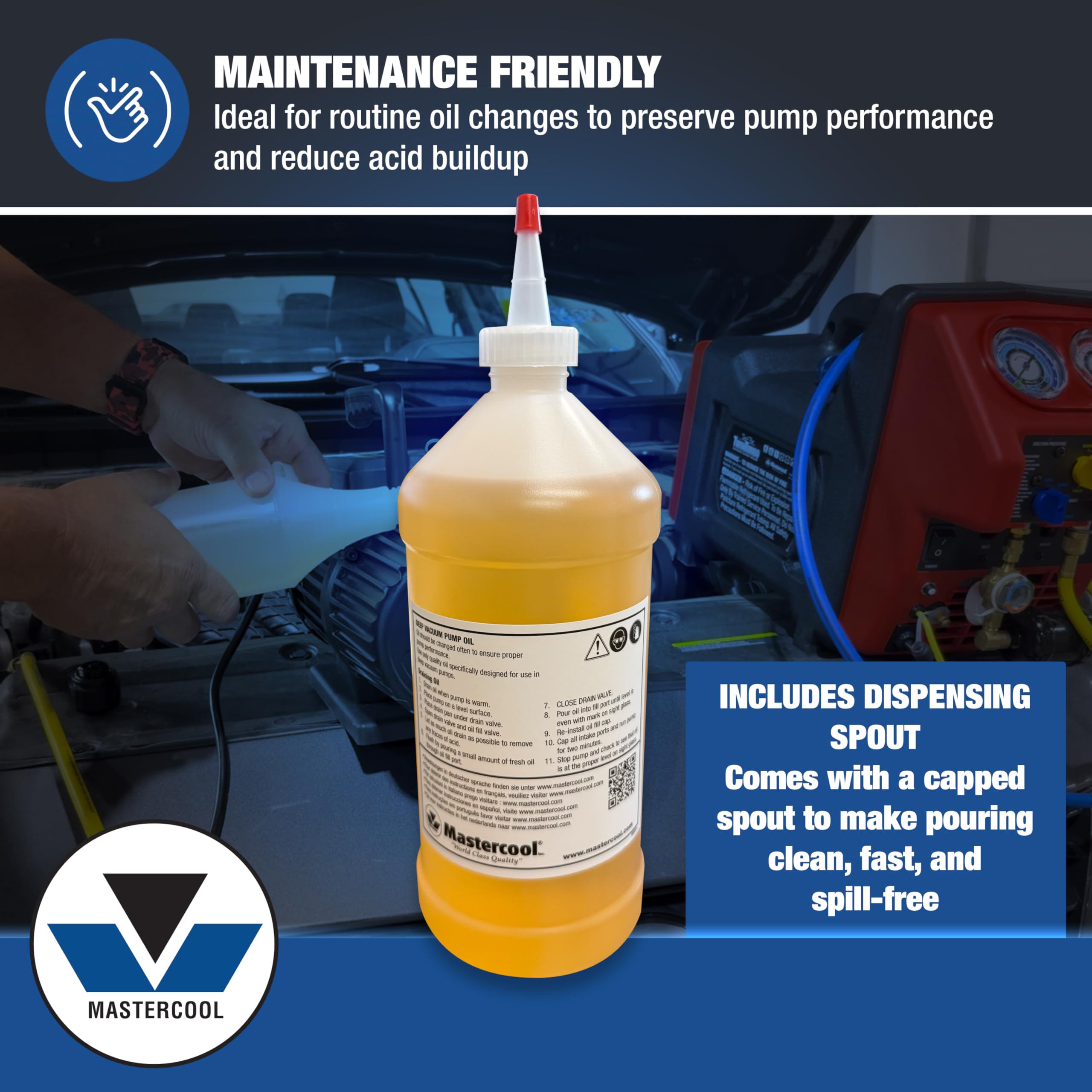 Mastercool 90032 next to common HVAC tools, conveys the bottle size and convenience