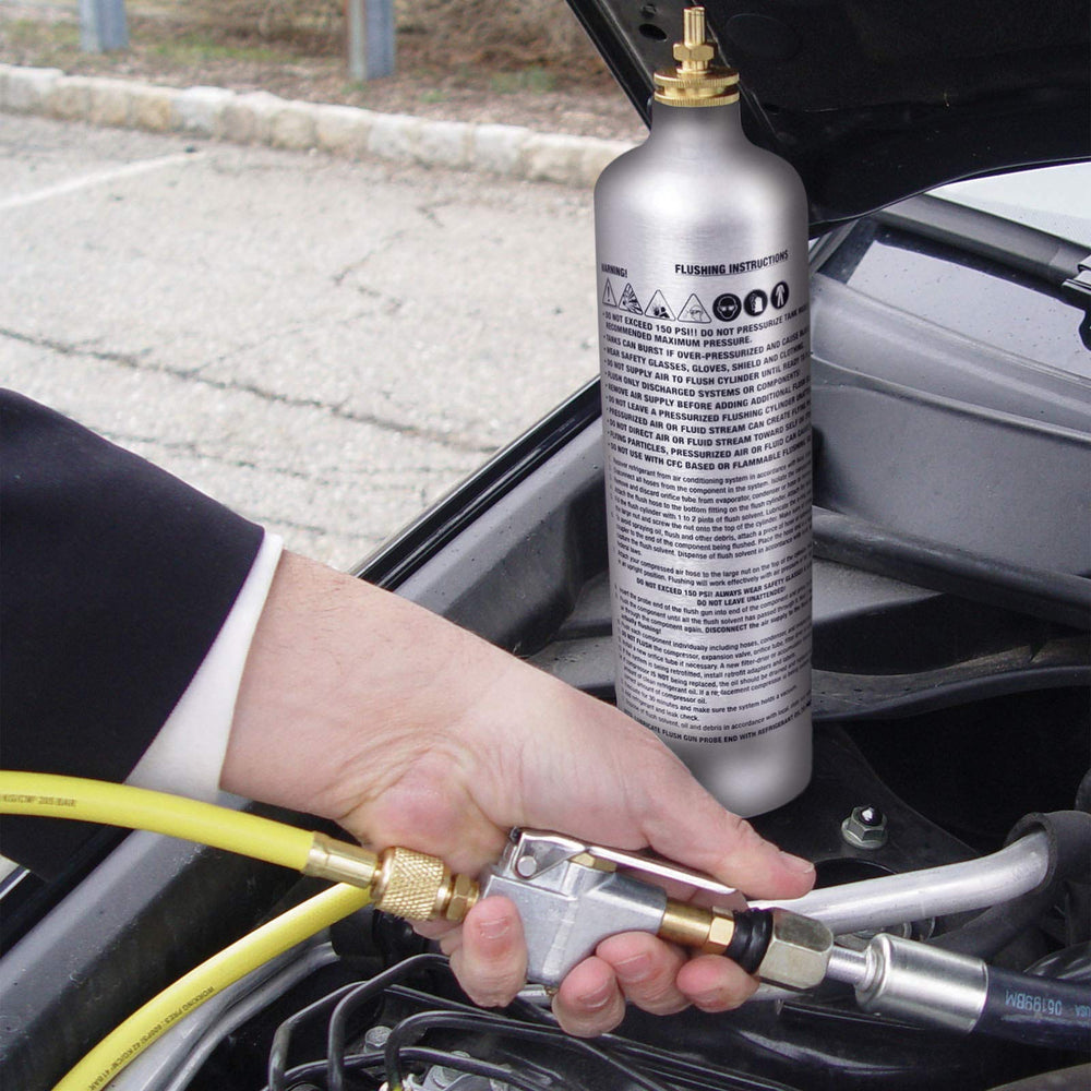 Mastercool 91046-A close-up of flush gun, hose and canister adapter highlighting durable fittings and control