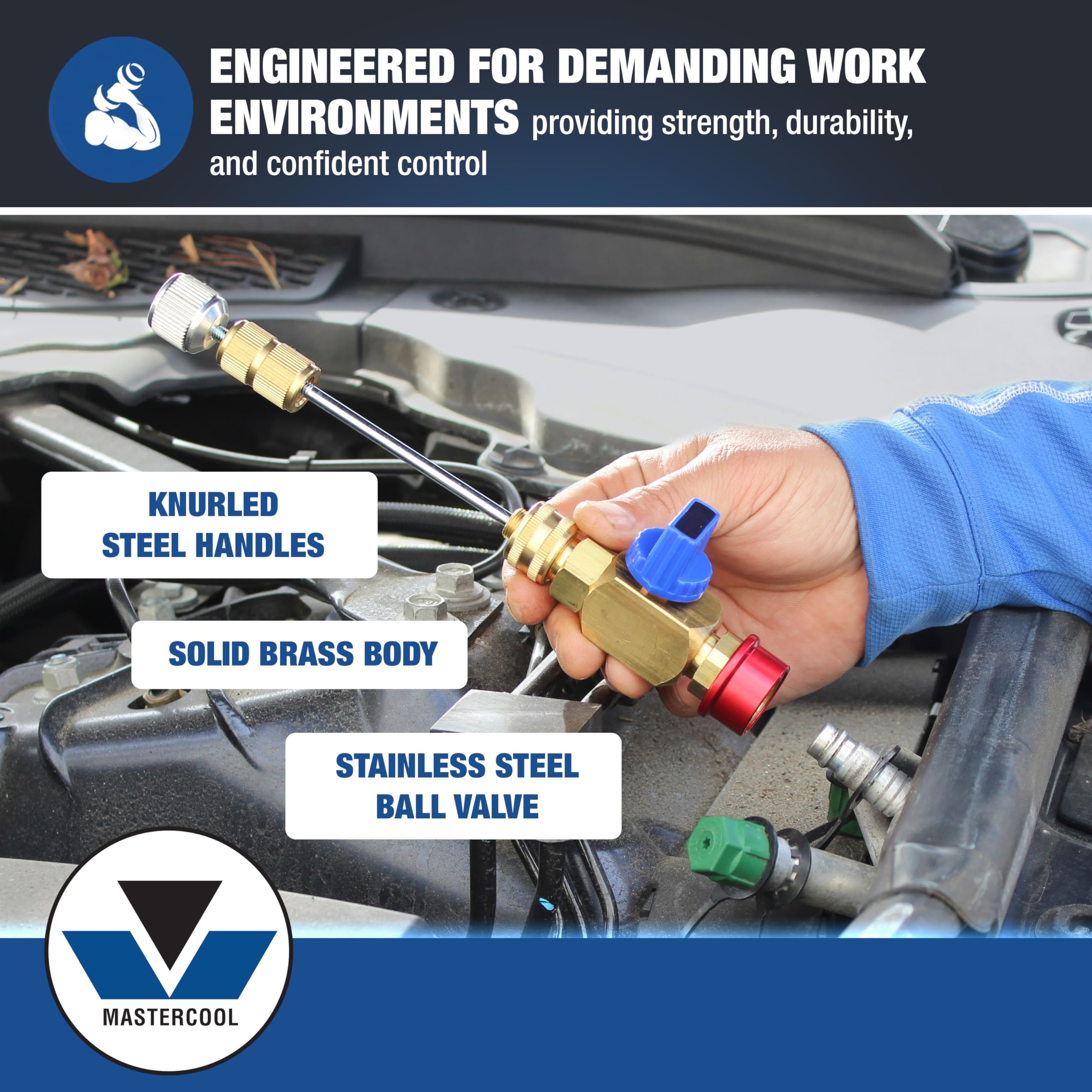 Mastercool tool in use on vehicle A/C port speeding valve core replacement