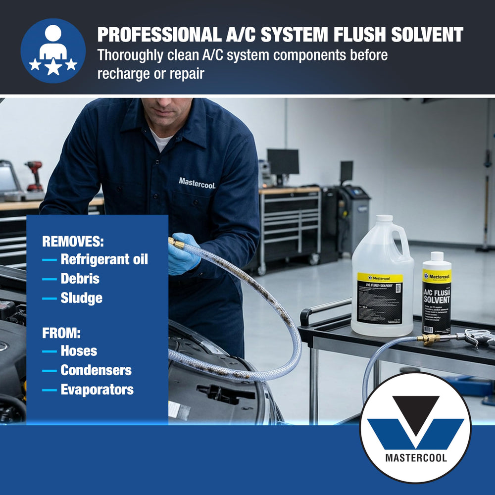 Mastercool label closeup highlighting safety and O-ring safe formulation