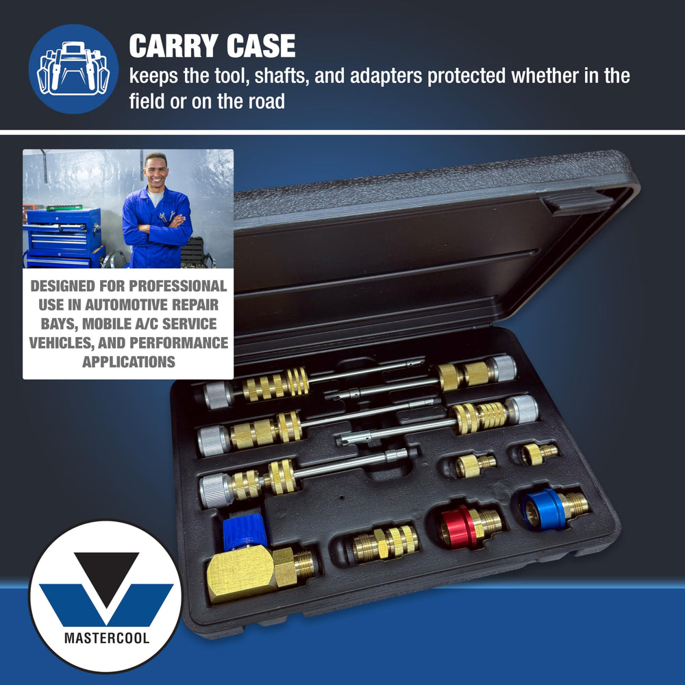 Mastercool assorted shafts and adapters displayed for broad vehicle coverage