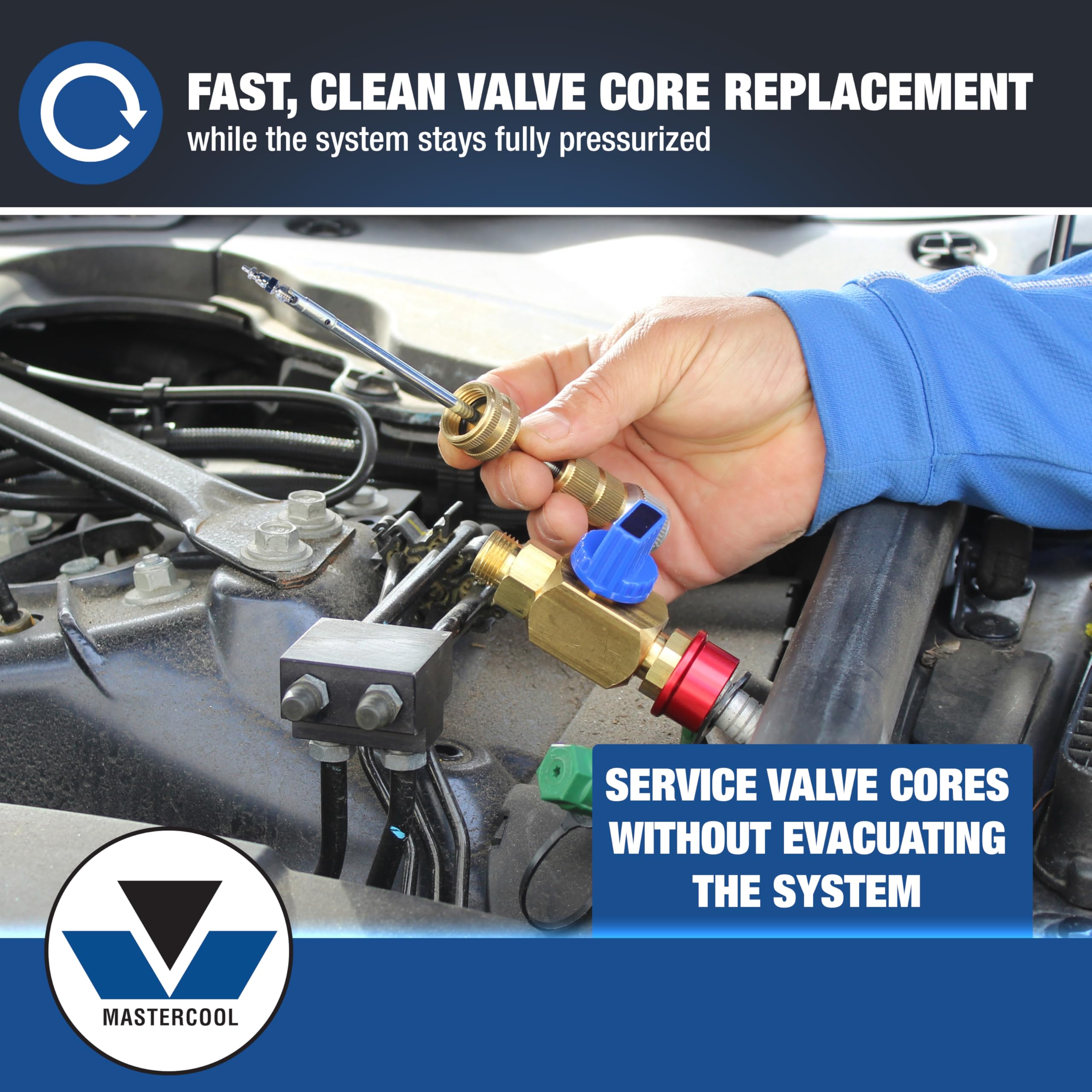 Mastercool close-up of valve core tool shutoff valve for safe pressurized service
