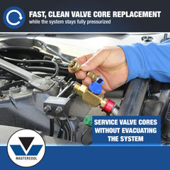 Mastercool close-up of valve core tool shutoff valve for safe pressurized service