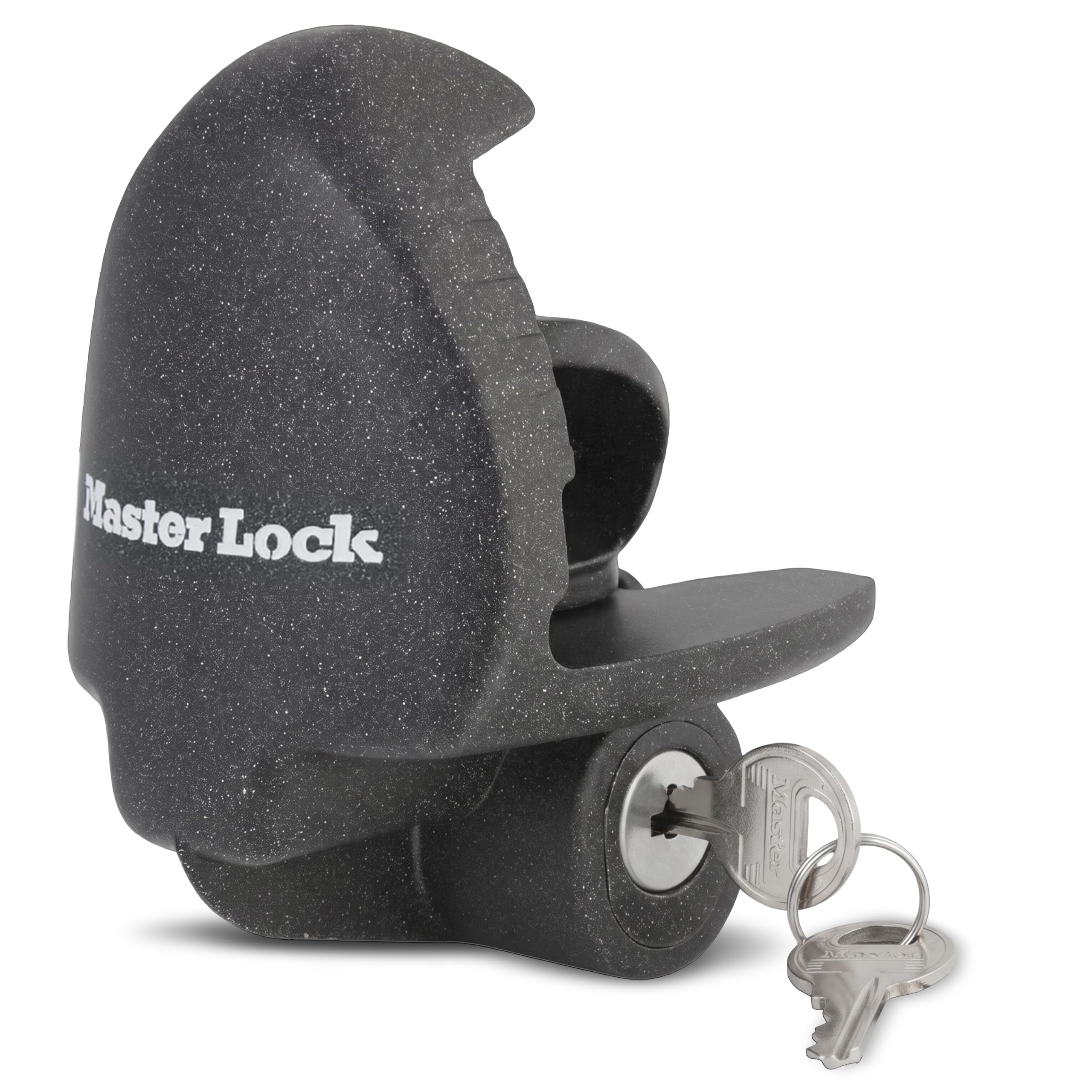 Master Lock front view of trailer lock showing secure fit and deterrent