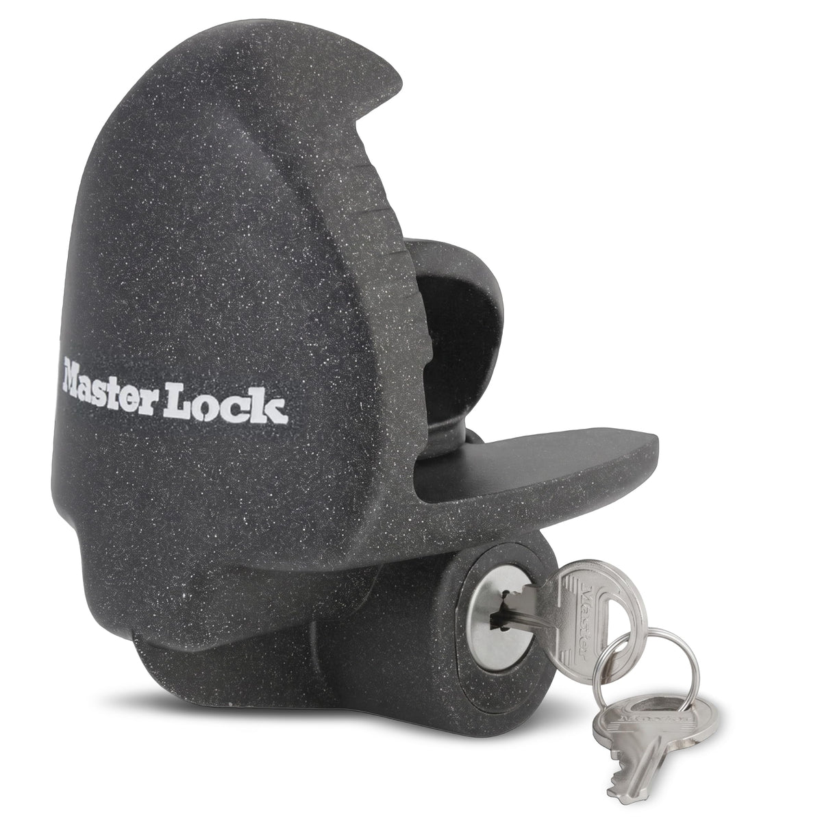Master Lock front view of trailer lock showing secure fit and deterrent