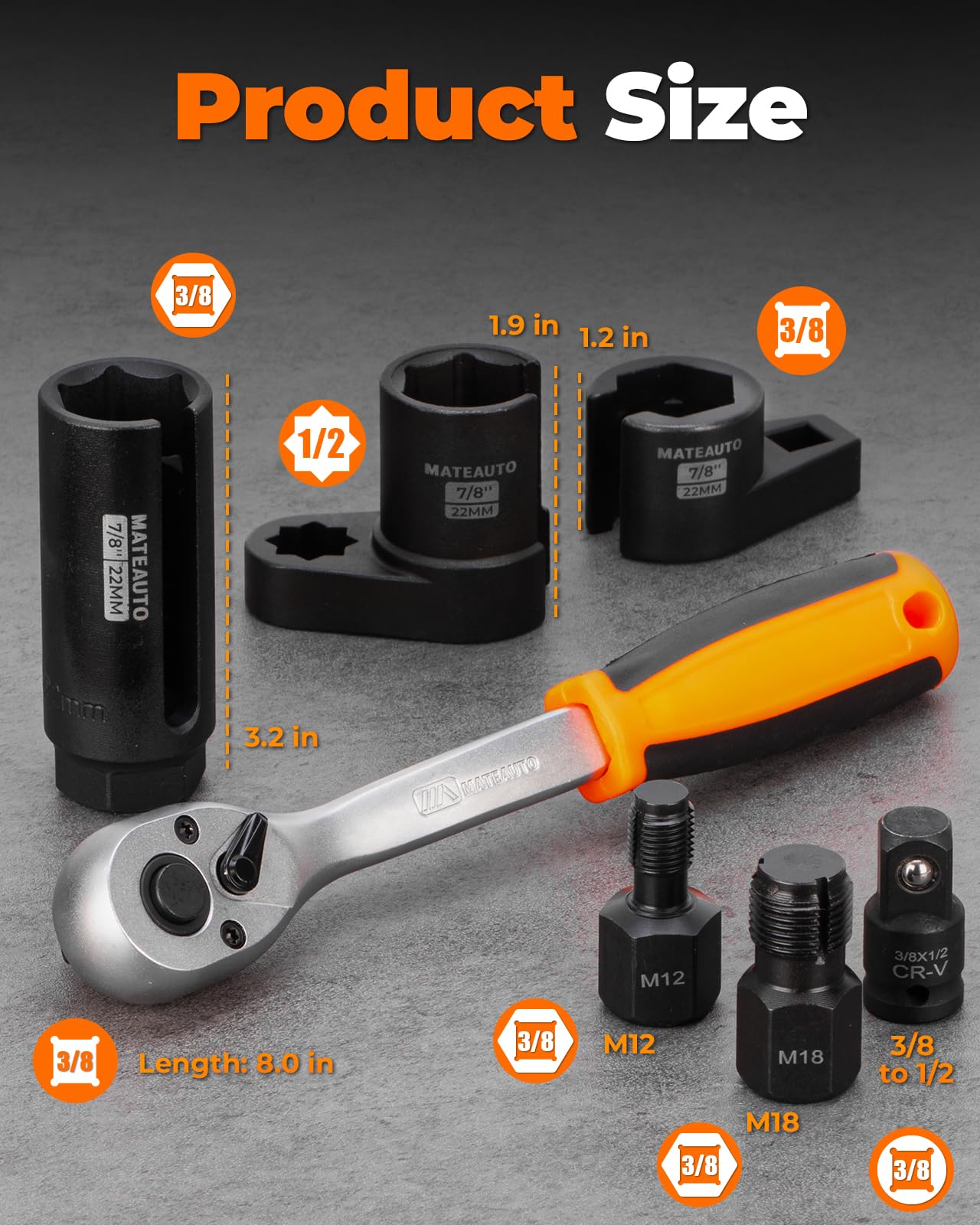 MateAuto close-up of 22mm offset sockets highlighting corrosion-resistant finish and strength