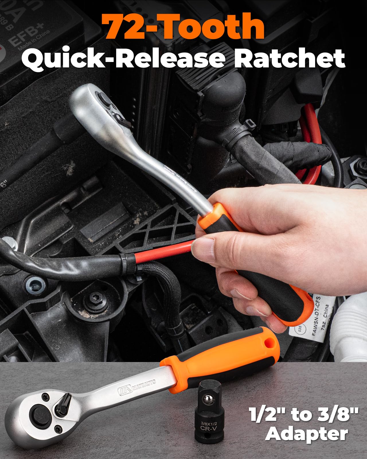 MateAuto adapter and long 3/8" socket beside ruler to show reach and size advantage