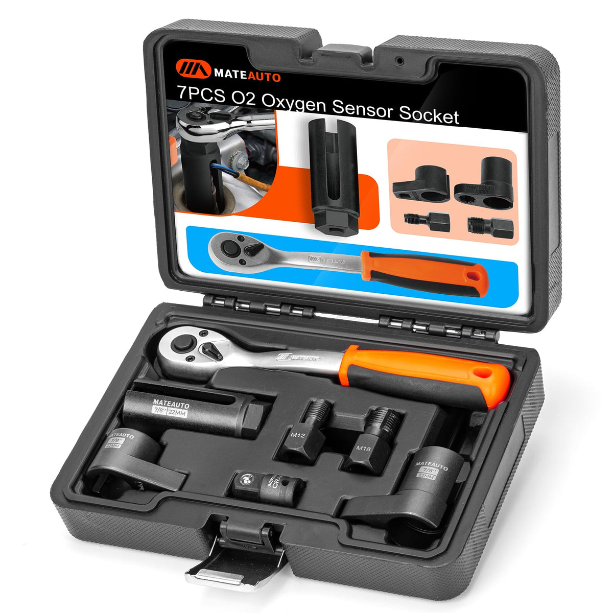 MateAuto front view of 7-piece O2 sensor socket kit showing components and durable case