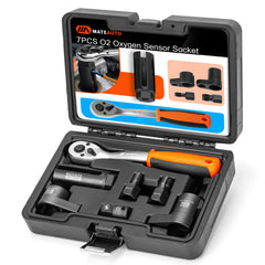 MateAuto front view of 7-piece O2 sensor socket kit showing components and durable case