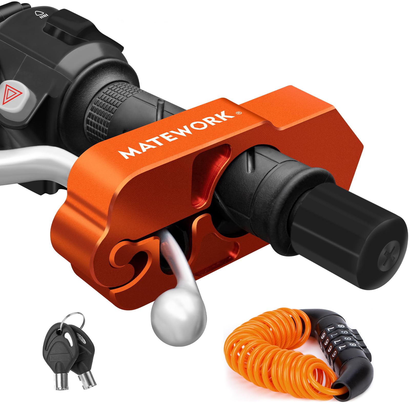 Matework front view lock mounted on brake lever shows solid protection