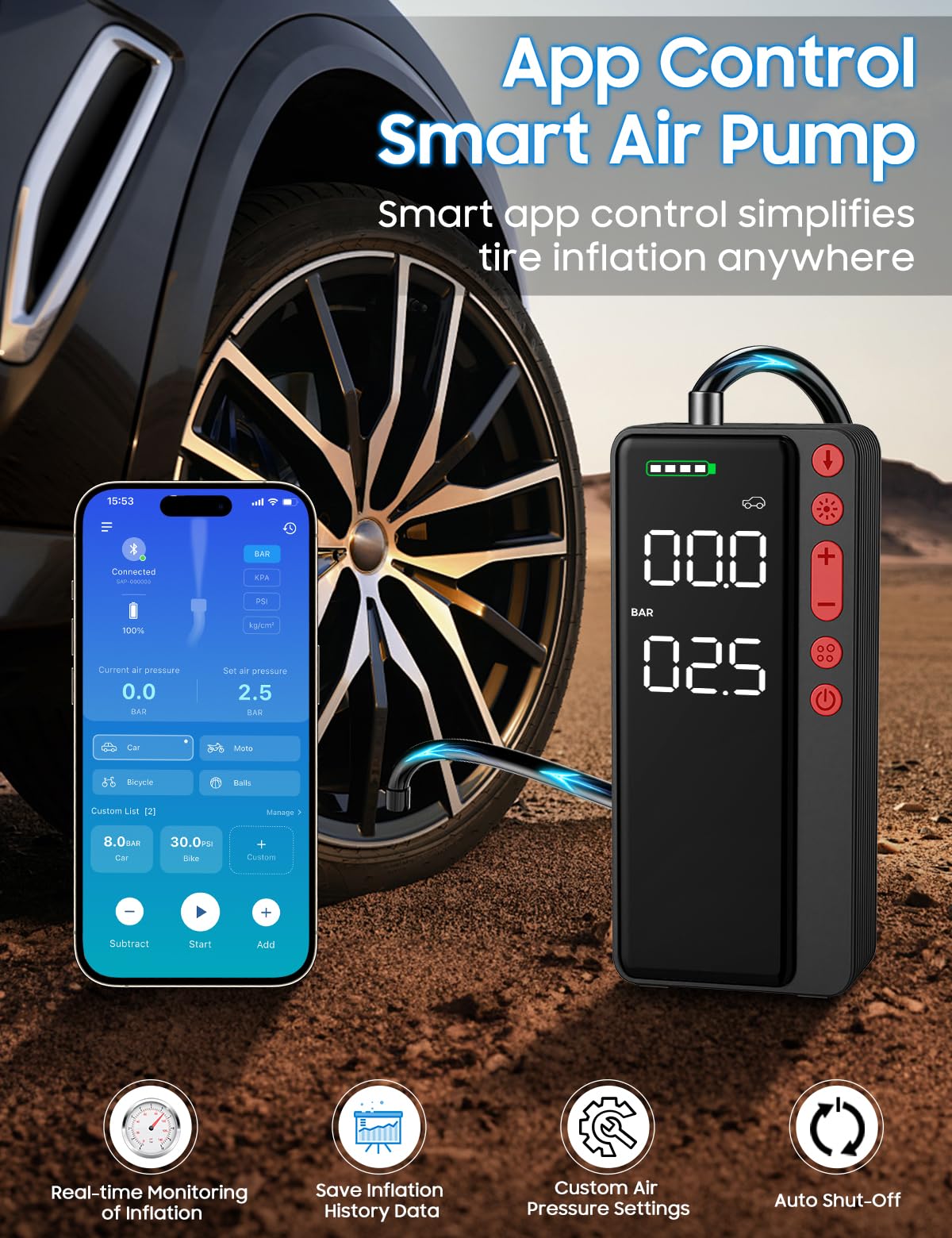MATULSA app inflation screen displayed in car for monitoring and remote control