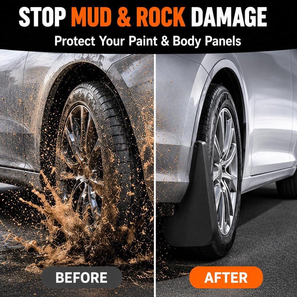 Mautopily installed at rear wheel protecting rocker panel from road spray