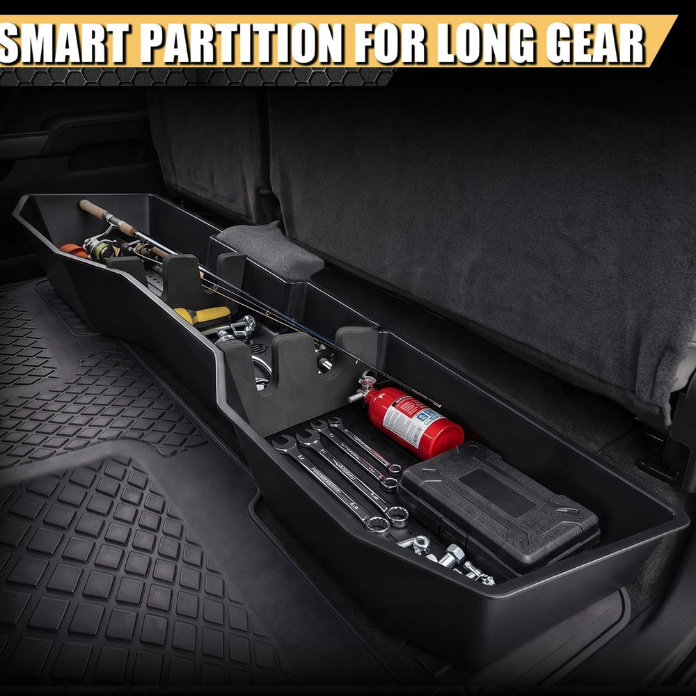 MAXDOM installed under rear seat demonstrating concealed, secure storage