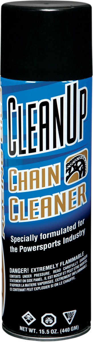 Maxima Clean-Up being sprayed on a motorcycle chain to dissolve grime fast