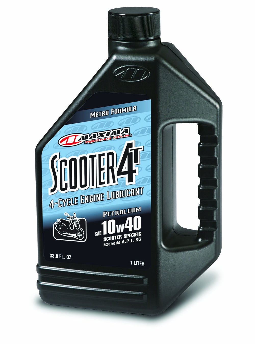 Maxima scooter 4T 10W40 front bottle showing label and protective benefits
