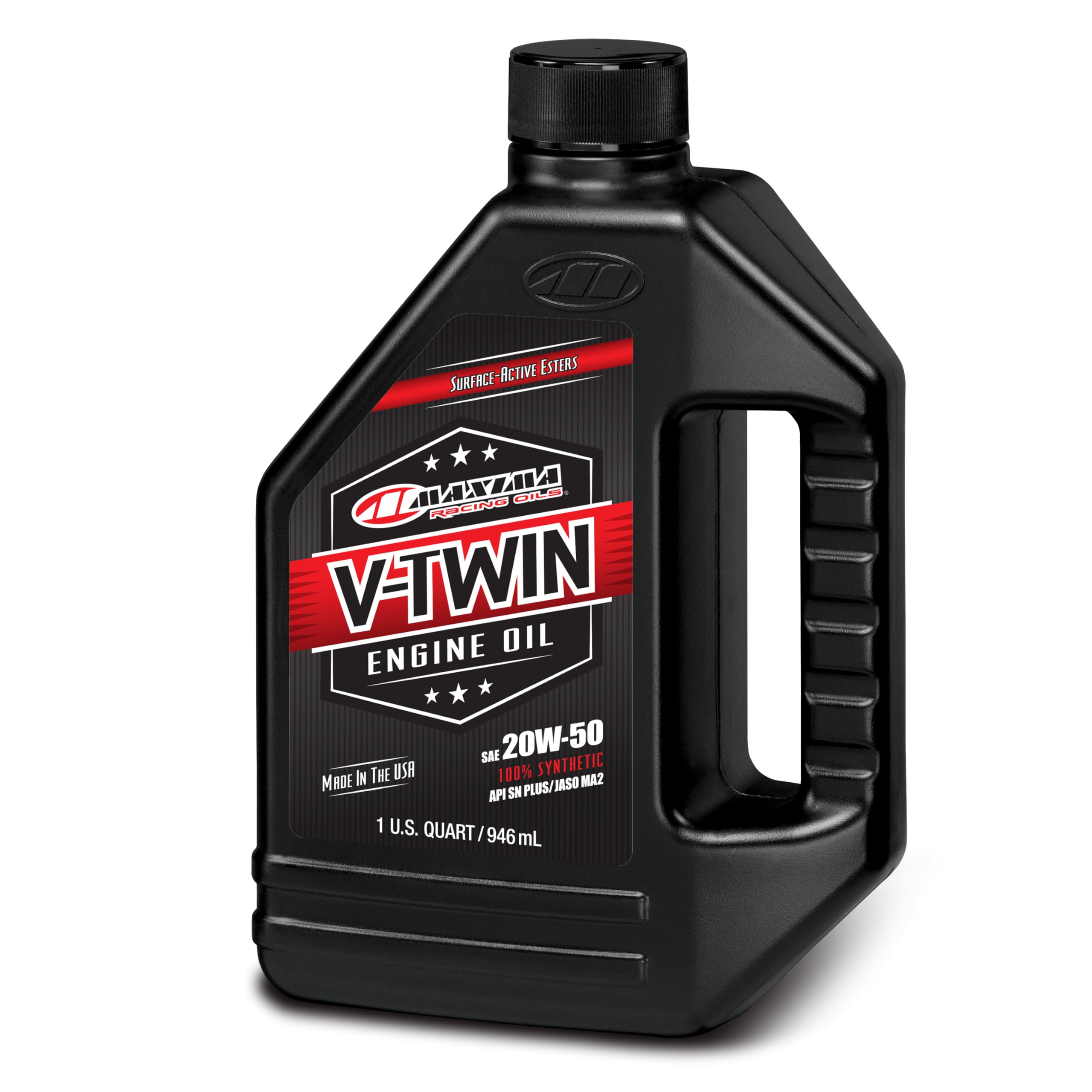 Maxima V-Twin bottle front view showing label and engine protection benefits