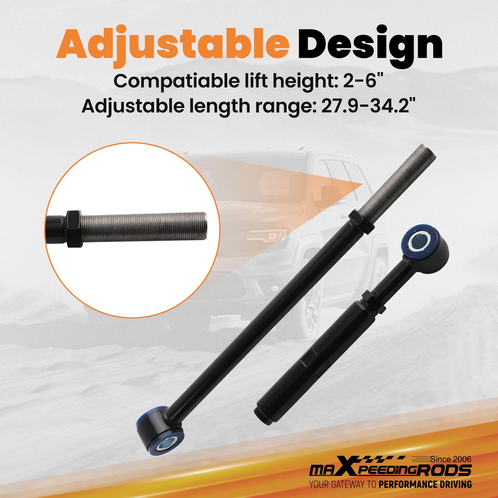 maXpeedingrods track bar on lifted truck in off-road setting showing enhanced control benefit