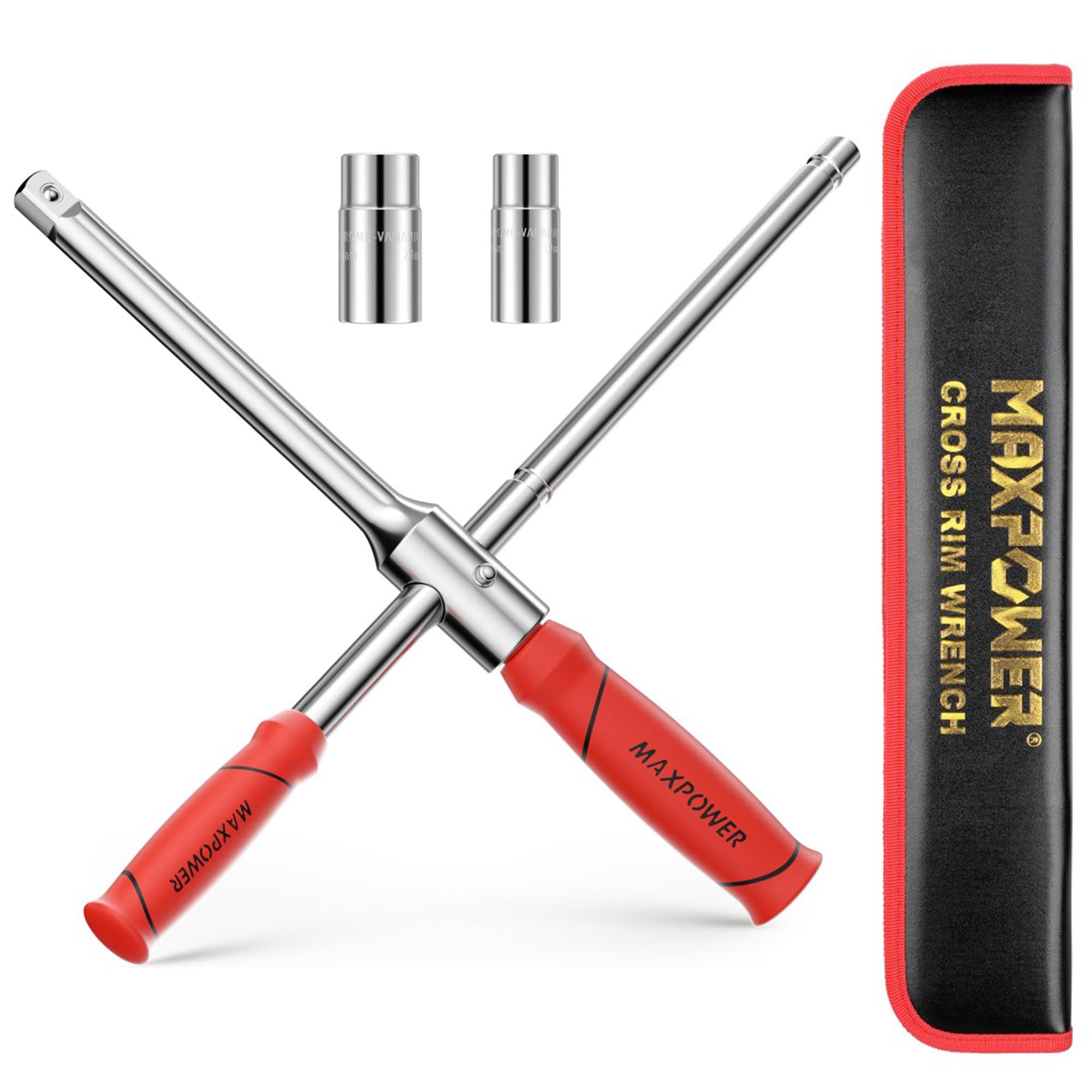 MAXPOWER lug wrench front view showing sockets and compact layout for easy storage