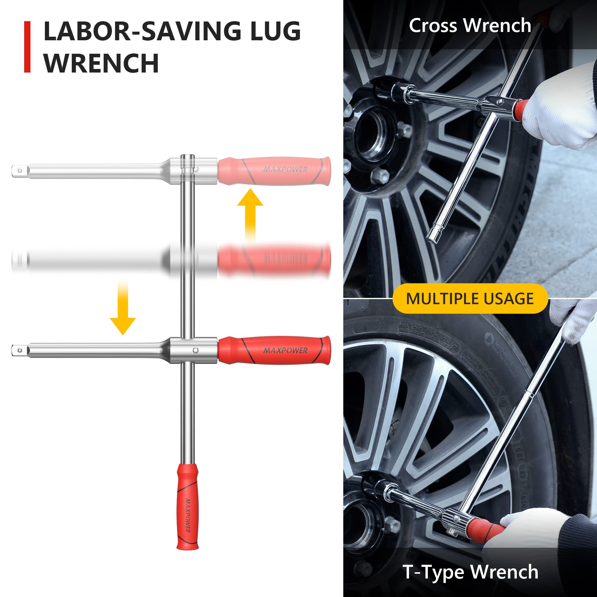 MAXPOWER lug wrench beside hand to show scale and comfortable leverage