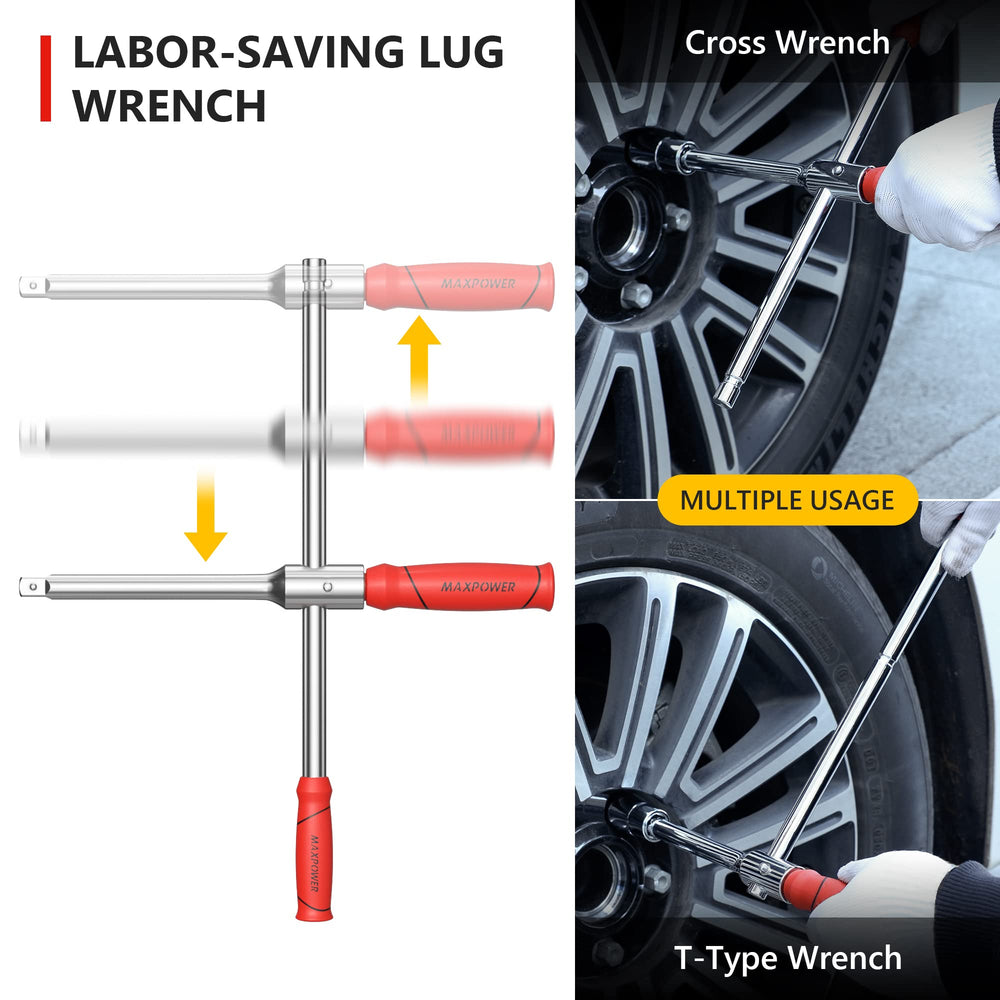 MAXPOWER lug wrench beside hand to show scale and comfortable leverage