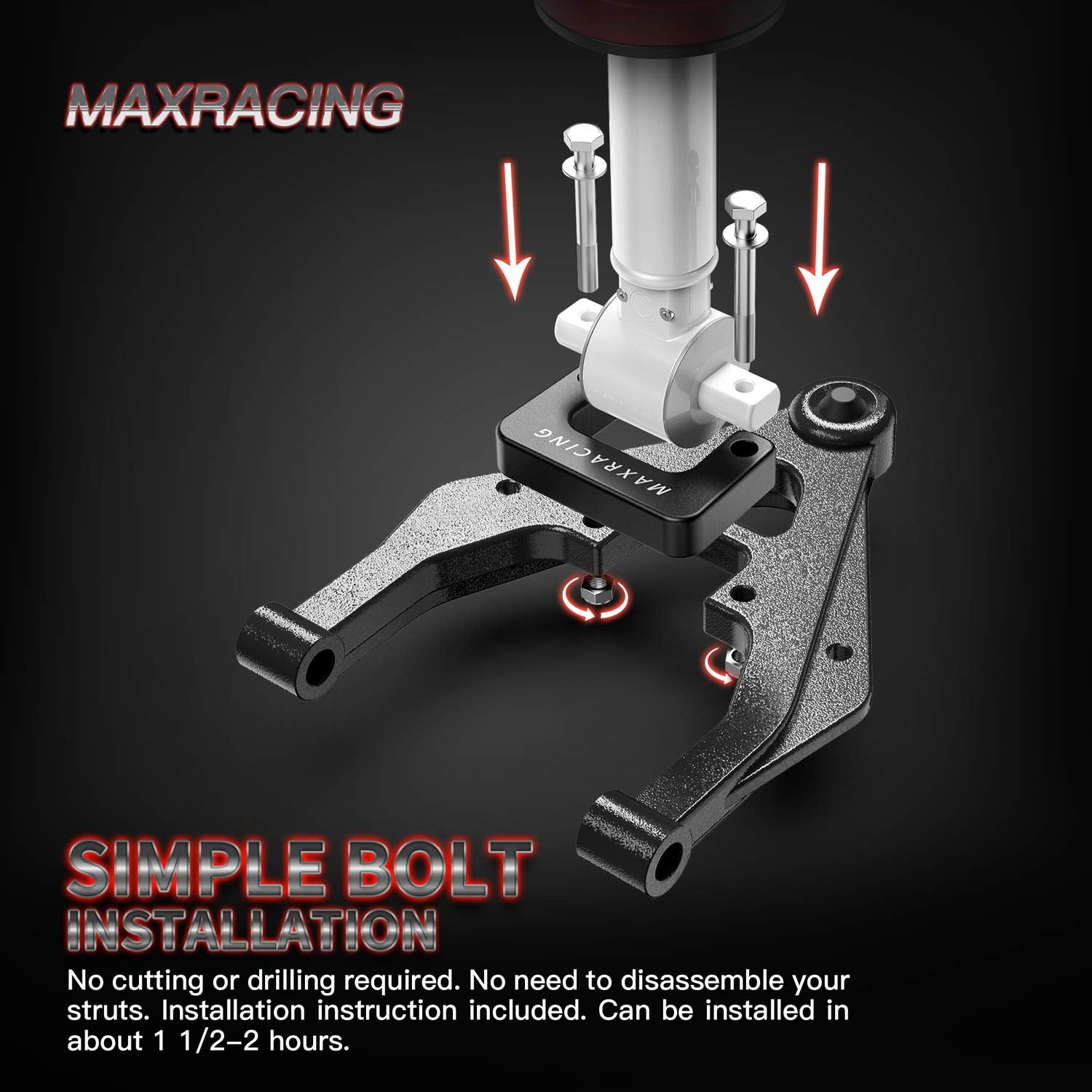 MAXRACING detail at control arm interface showing OEM compatibility benefit