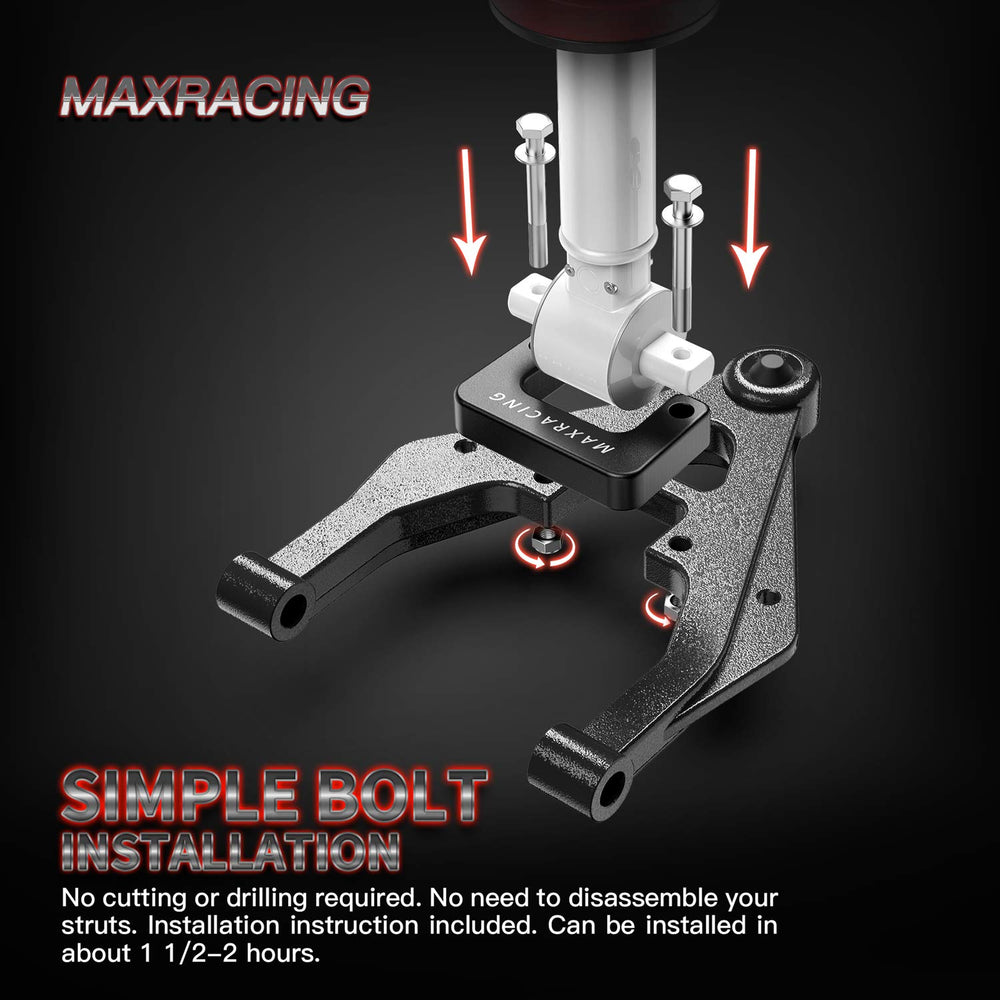 MAXRACING detail at control arm interface showing OEM compatibility benefit