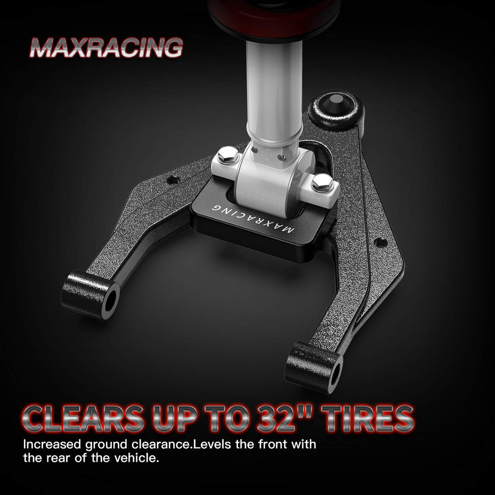 MAXRACING installed on Silverado front showing leveled stance benefit
