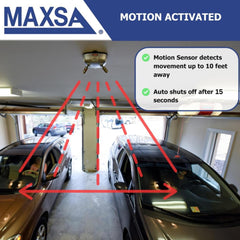 MAXSA mounted on garage ceiling above two cars, improving parking accuracy
