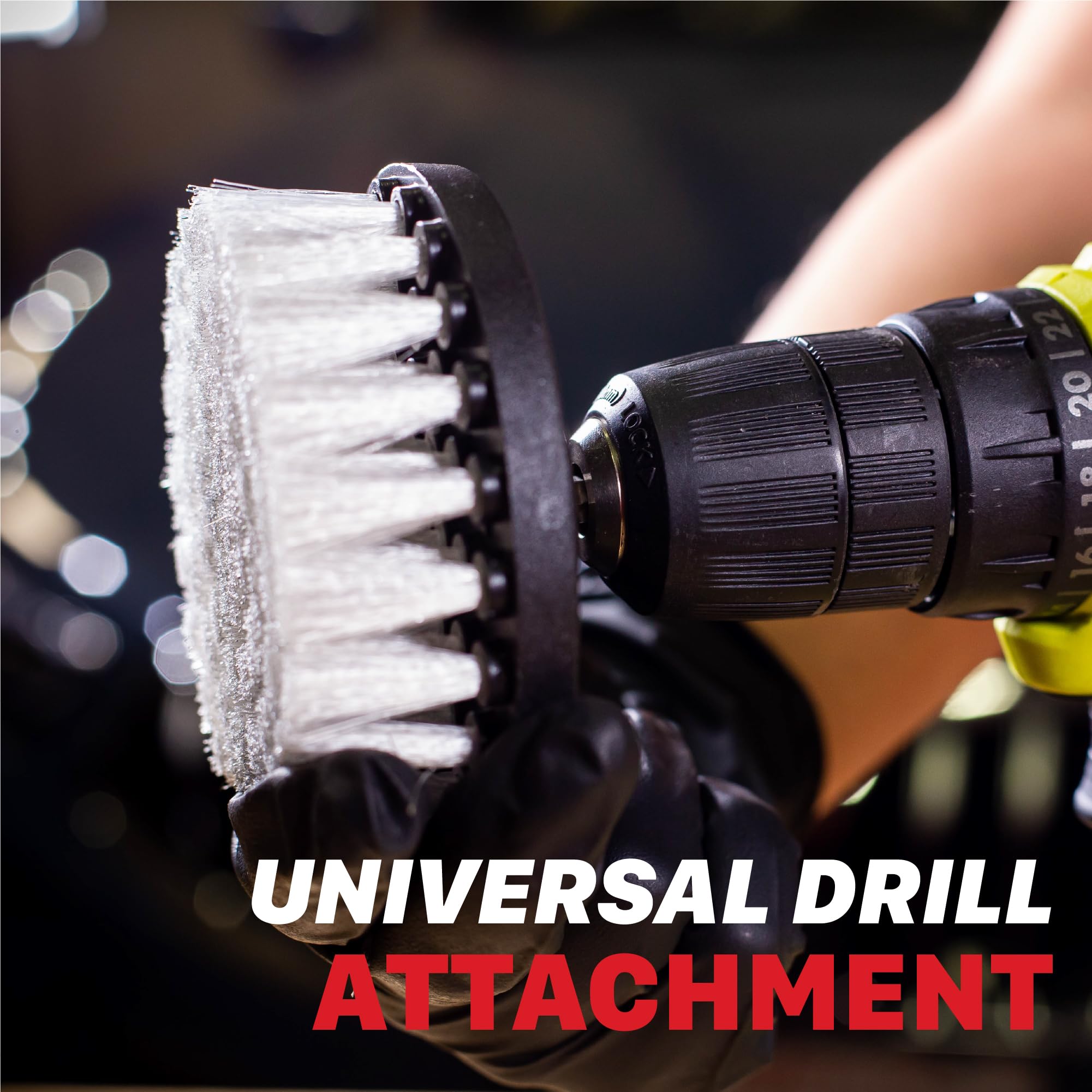 Maxshine brushes attached to drill adapter illustrating easy drill-powered cleaning