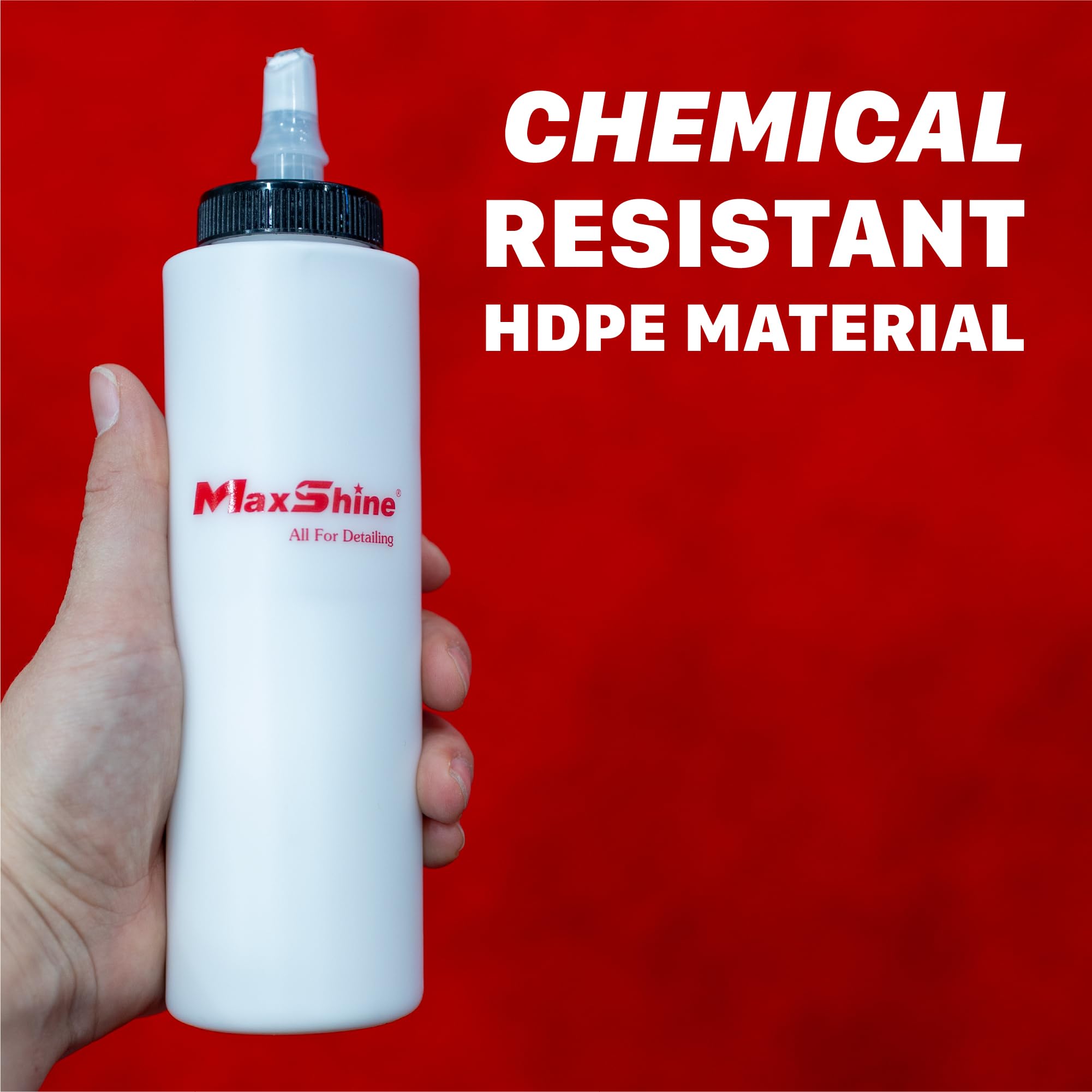 Maxshine bottle held in hand to show 400ml scale and ergonomic squeeze control