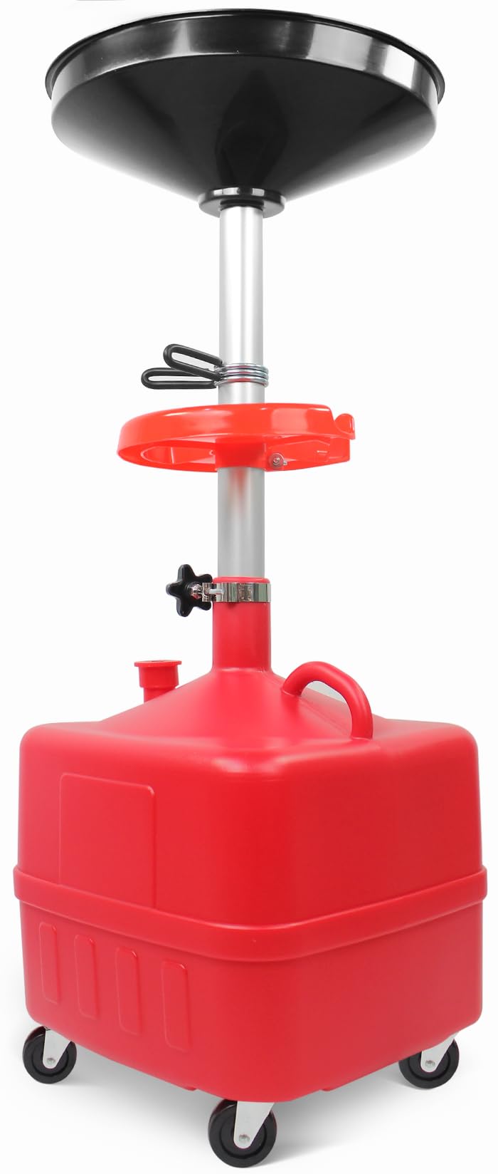 MaxWorks front view of 9-gallon oil drain showing stable square body and funnel benefit