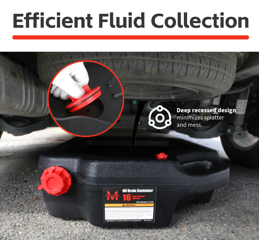 MaxWorks pan placed under a truck drain demonstrating easy fluid capture