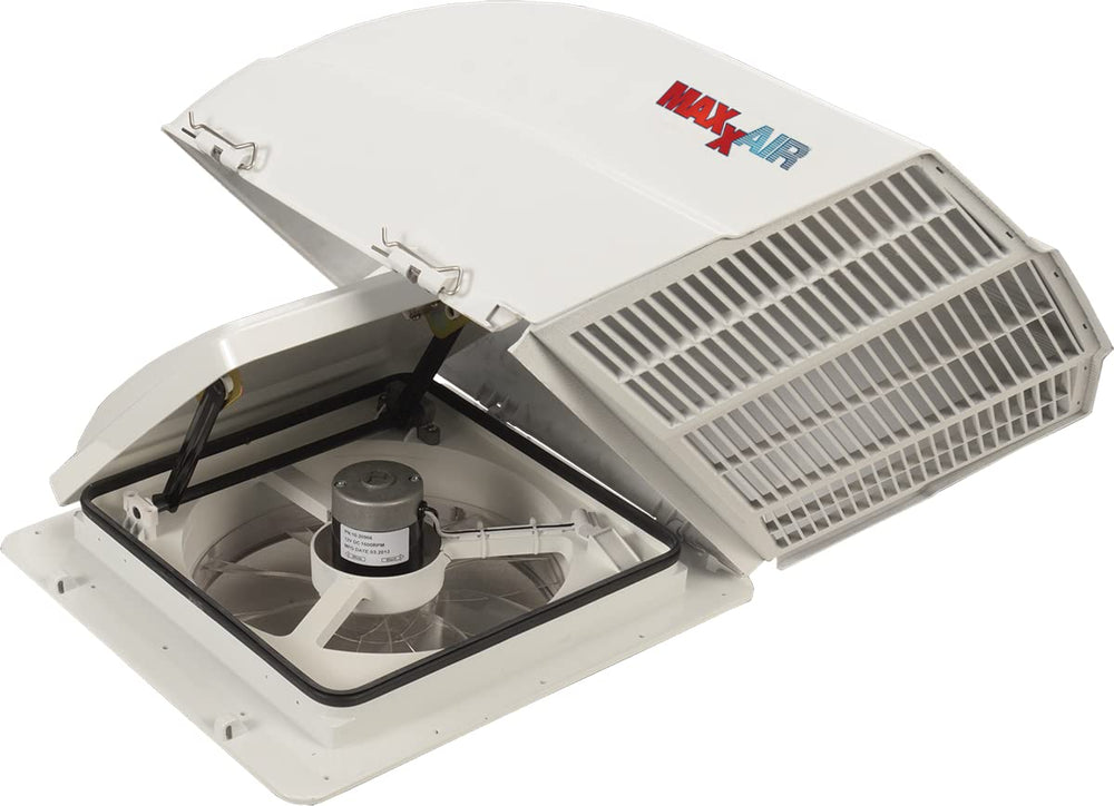 MAXXAIR FanMate installed on RV rooftop protecting fan from rain