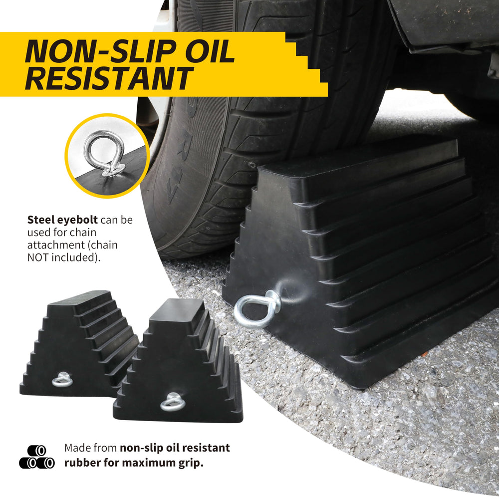 MaxxHaul chock placed at trailer wheel demonstrating reliable stabilization